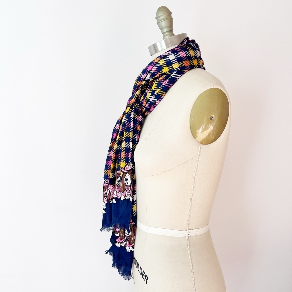 Talbots Scarf Navy Blue Pink Yellow Houndstooth Basset Hound Dog Print Fringe - Picture 2 of 5